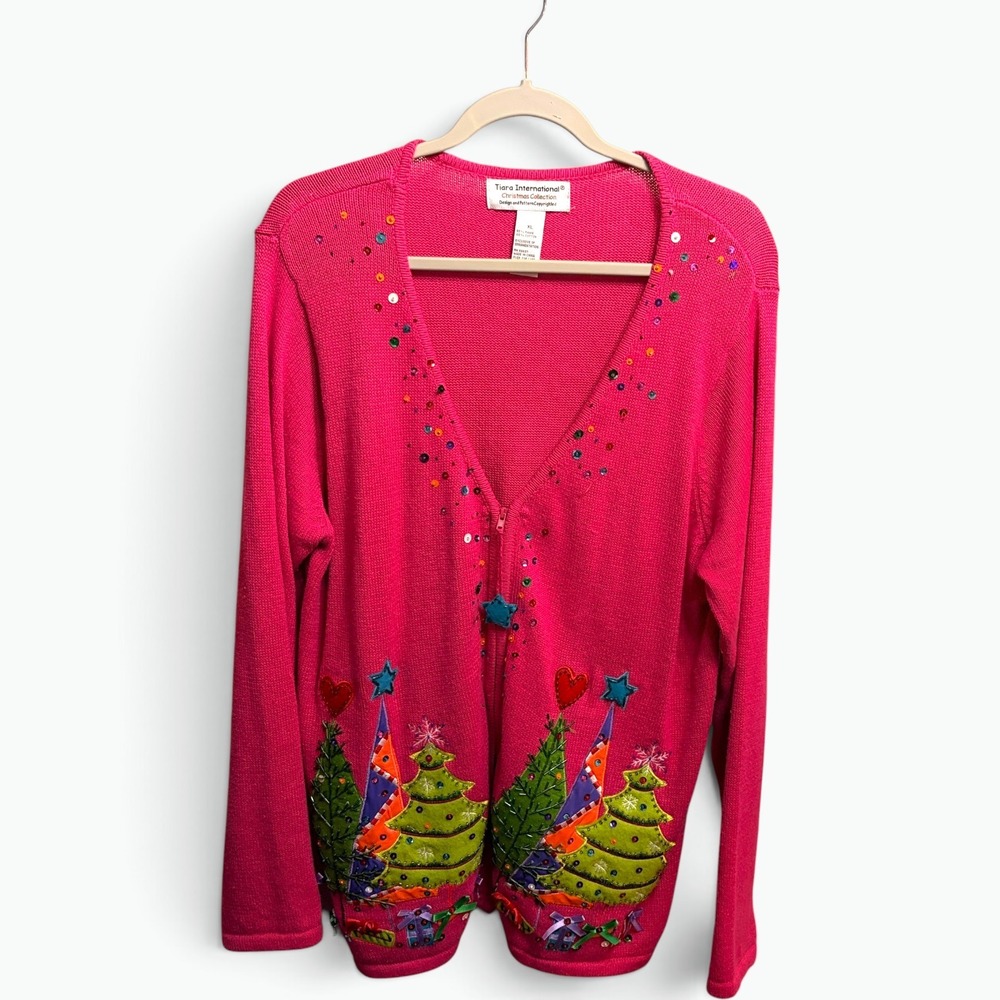 Tiara International Vintage Pink Ugly Christmas Sweater Cardigan XL Zip Front